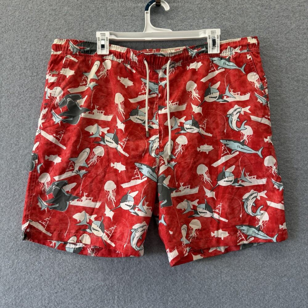 Peter Millar Swim Trunks Mens Large Red Shark Print Drawstring Beach Shorts Jaws
